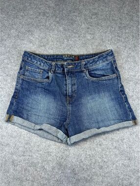 The BTS Label Denim Shorts Women W26 Classic Blue Rolled Hem Dark Wash Summer